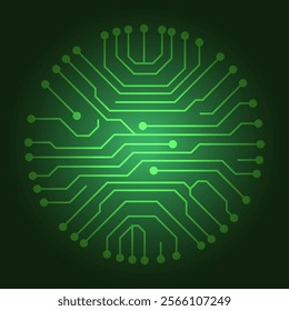 Green circuit board icon, Brightly glowing chip on light circuit board, Computer microchip on mainboard, Technology, Electronic, Digital, Computer, Engineering, CPU processor, Vector illustration.