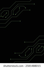 Green circuit board, network technology on a black background.