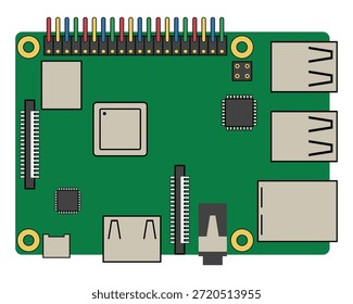 Grüne Platine Draufsicht flache Vektorgrafik. Computerhardware-Technologie mit Chips und Steckern auf dunkelgrünem Hintergrund.