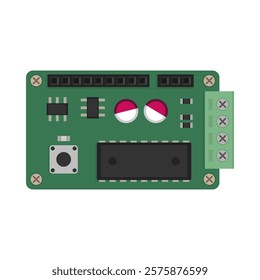 Green circuit board with various electronic components. Vector circuit board image for electronic illustrations, educational materials, and industrial applications