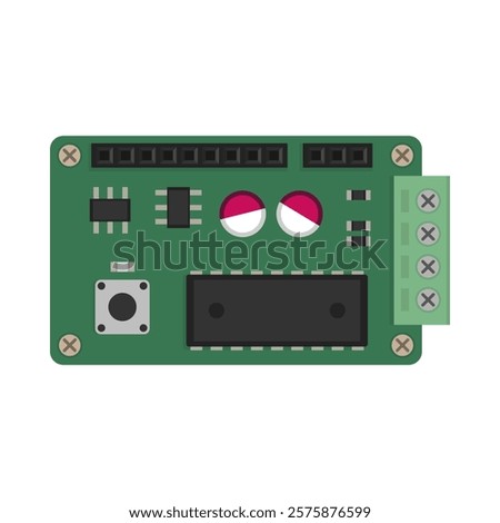 Green circuit board with various electronic components. Vector circuit board image for electronic illustrations, educational materials, and industrial applications