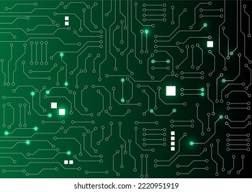 circuito verde línea electrónica o eléctrica con tecnología de ingeniería de brillo de círculo concepto de fondo vectorial 