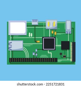 Green Circuit foundation board technology computer device vector illustration isolated on blue background. Device component drawing with cartoon simple flat art style.