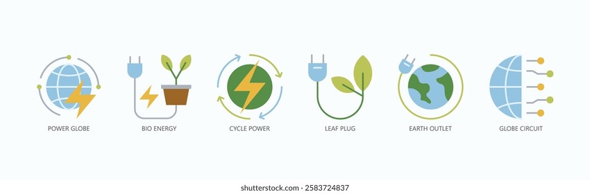Green Circuit Icon Set Isolated Vector With Icon Of Power Globe, Bio Energy, Cycle Power, Leaf Plug, Earth Outlet, Globe Circuit In Flat Style