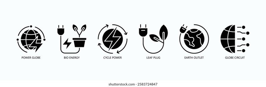 Green Circuit Icon Set Isolated Vector With Icon Of Power Globe, Bio Energy, Cycle Power, Leaf Plug, Earth Outlet, Globe Circuit In Glyph Style