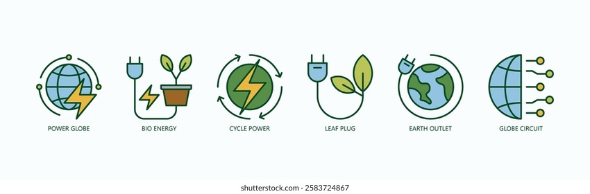 Green Circuit Icon Set Isolated Vector With Icon Of Power Globe, Bio Energy, Cycle Power, Leaf Plug, Earth Outlet, Globe Circuit In Outline Color Style