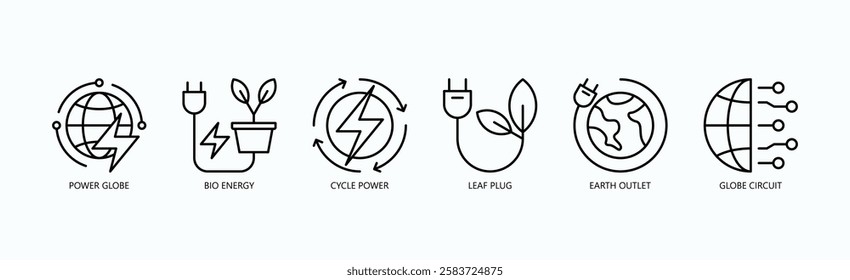 Green Circuit Icon Set Isolated Vector With Icon Of Power Globe, Bio Energy, Cycle Power, Leaf Plug, Earth Outlet, Globe Circuit In Outline Style