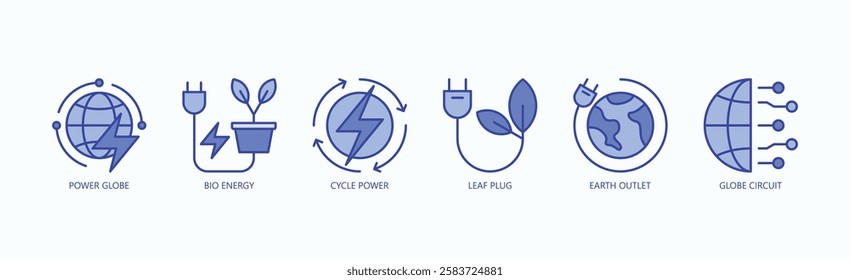 Green Circuit Icon Set Isolated Vector With Icon Of Power Globe, Bio Energy, Cycle Power, Leaf Plug, Earth Outlet, Globe Circuit In Blue Style