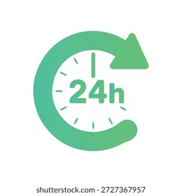 Green circular arrow icon with clock face displaying 24h symbolizing continuous 24 hour service and availability