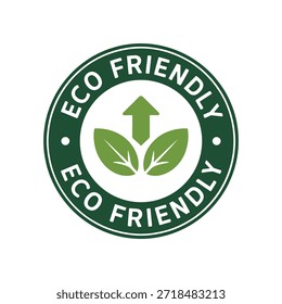 Green circular badge with text ECOFRIENDLY and a leaf and arrow icon Keywords: eco friendly, environment, nature, green, sustainable, organic, natural, ecology, leaf, leaves, arrow, up