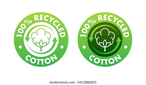 Green circular badges for 100 recycled cotton products, vector illustration for eco-friendly textile labels