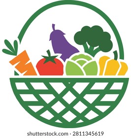 Green circular basket badge logo filled with fresh mixed vegetables including tomato eggplant broccoli cabbage and pepper