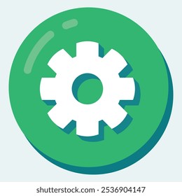 A green circular button with a white gear icon, symbolizing settings or configuration.