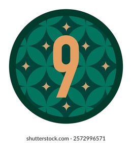 Green Circular Design Featuring Gold Floral Motifs and a Bold Number 9 at the Center