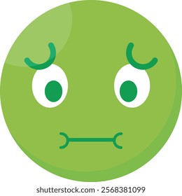 Green circular face with wide white eyes and green pupils, furrowed brow, and a wavy closed mouth, expressing discomfort or unease.