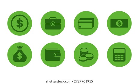 Iconos circulares verdes del Botón financiero que presentan el dinero, la cartera, la tarjeta de crédito, las monedas, el bolso del efectivo, y la calculadora. Estilo de Vector plano adecuado para App de finanzas, tableros de instrumentos, interfaz de usuario de Web y uso de diseño comercial.
