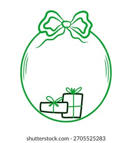 Marco circular verde con arco y cajas de regalo, ilustración de marco dibujado a mano de borde de trazo.