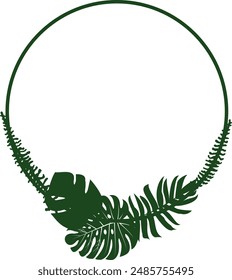 Green Circular Frame Design with Tropical Leaves. Elegant Botany Border with Exotic Leaves for Invitation, Wedding Cards