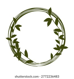 A green circular frame made of simple lines and natural leaves. This botanical design element provides a clean, elegant border for various creative projects with a fresh, organic feel.