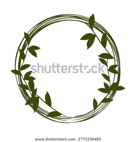 A green circular frame made of simple lines and natural leaves. This botanical design element provides a clean, elegant border for various creative projects with a fresh, organic feel.