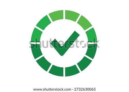 A green circular gauge with a check mark in the center, on a white background, symbolizing success and progress
