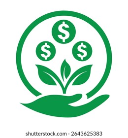 Green Circular Icon Depicting a Hand Holding a Growing Plant with Three Dollar Signs Above