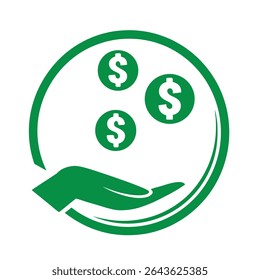 Green Circular Icon Depicting a Hand Receiving Three Dollar Signs Financial Success Prosperity Wealth Concept