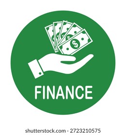 Un icono circular verde con una mano blanca que sostiene billetes con un signo de dólar, que simboliza las transacciones financieras y la gestión del dinero en un diseño simple
