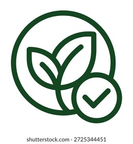 A green circular icon with two leaves and a checkmark, symbolizing nature and approval.