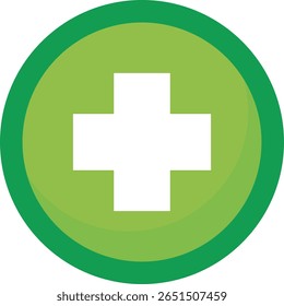 Green circular icon with white cross centered inside, outlined in darker green; symbolizes healthcare, first aid, or medical assistance.