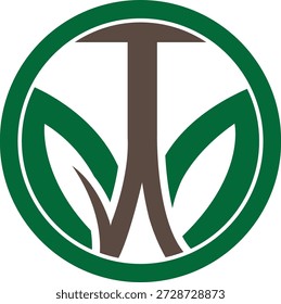 Logotipo circular verde com tronco e folhas de árvore estilizada