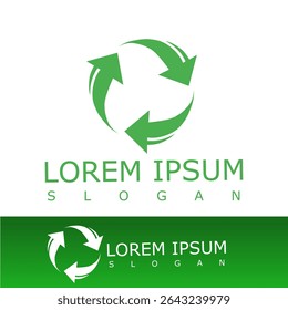 Green circular logo with three rotating arrows forming a recycling symbol, representing sustainability, eco-friendliness, and environmental awareness
