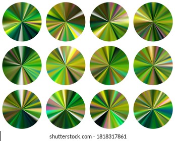 Conjunto de vectores de elementos de botón ui de gradiente metálico circular verde. Formas de medallas vibrantes aisladas. Plantillas de textura de gradiente de botón metálico. Diseño de materiales de fondo de etiqueta.