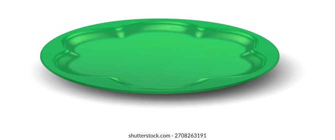 Eine grüne kreisförmige Platte mit einem einzigartigen geometrischen Design in der Mitte, mit einer glatten Oberfläche. Die Platte wirft einen subtilen Schatten auf weißem Hintergrund.