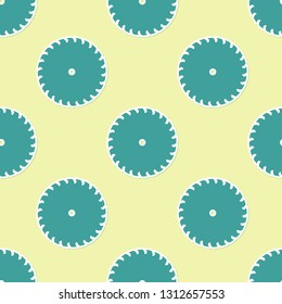 Green Circular saw blade icon isolated seamless pattern on yellow background. Saw wheel. Flat design. Vector Illustration