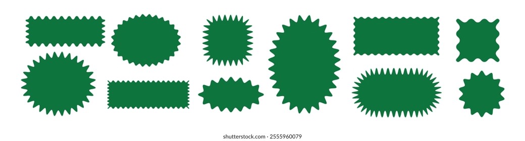 Green circular shape with burst edges and scallop frame. Sticker design, badges, or promotional offers. Flat vector illustration isolated on white background.
