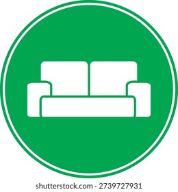 Green circular sign with couch symbol. It represents a lounge or home seating area. Editable vector illustration for signage, web, and print use.