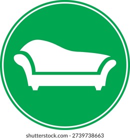 Green circular sign with sofa silhouette. Represents a lounge, waiting room, or seating area. Editable vector illustration for interior signage, web, and print use.