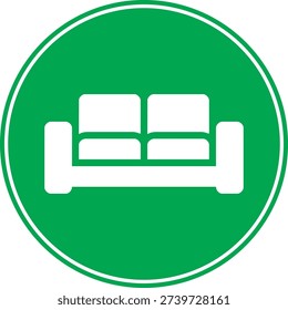 Green circular sign with two-seat sofa icon. It represents family room or seating area. Editable vector illustration for interior wayfinding, web, and print use.