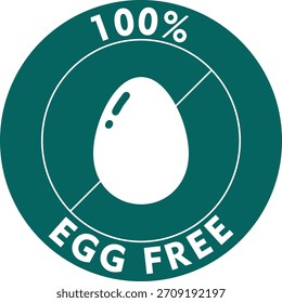 Um sinal verde circular com as palavras "100% SEM OVO" e um ovo com uma linha através dele.