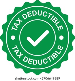 Un sello circular verde o una insignia con un borde ondulado, con una marca de verificación blanca en el centro y el texto "DEDUCIBLE DE IMPUESTOS" repetido alrededor del círculo interior. Este icono significa elegibilidad financiera.