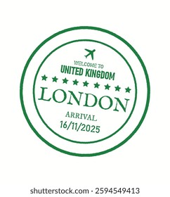 Green circular stamp design featuring London arrival date with airplane icon and stars representing travel to the United Kingdom on November 16 2025.