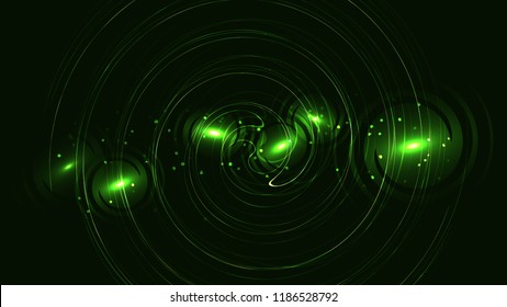 Green circular texture with bokeh effect, abstract glowing magical energetic gentle beautiful powerful backdrop with sparkling lines of stripes of waves.
