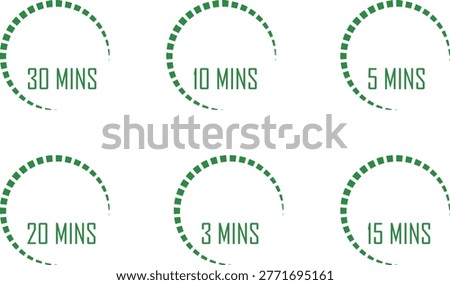 Green Circular Timers Indicating Various Time Intervals: 30, 10, 5, 20, 3, and 15 Minutes
