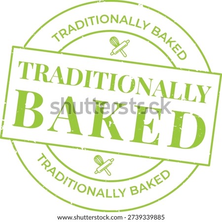 Green circular traditionally baked stamp with kitchen tool icons for fresh artisan bread and pastry