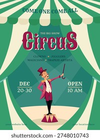 Green Circus Poster featuring a ringmaster under a big top tent with vintage typography. Carnival show advertisement in classic fairground style. Circus invitatitation.