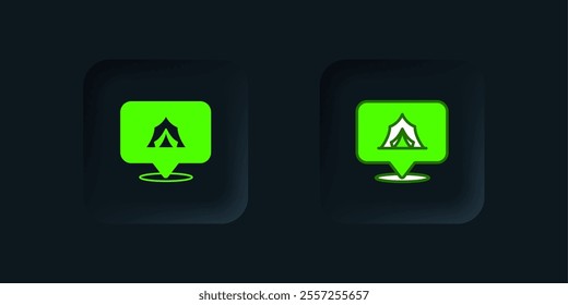 Green Circus tent icon isolated on black background. Carnival camping tent. Amusement park. Black square button. Vector