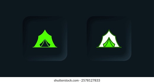 Green Circus tent icon isolated on black background. Carnival camping tent. Amusement park. Black square button. Vector