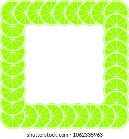 Green citrus background of cut fresh juicy lime rings on a white background. Green frame of fruit cuts.The concept of healthy fruit eat, diet meal 