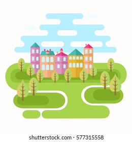 Green city. Abstract idyllic landscape with colorful houses and trees under blue sky. Flat design style. Vector illustration.